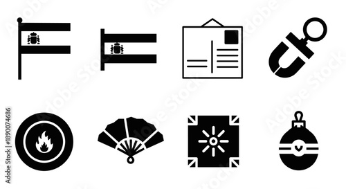 Minimalist black icons featuring flags, postcard, cursor, fire, fan, circle, and ornament