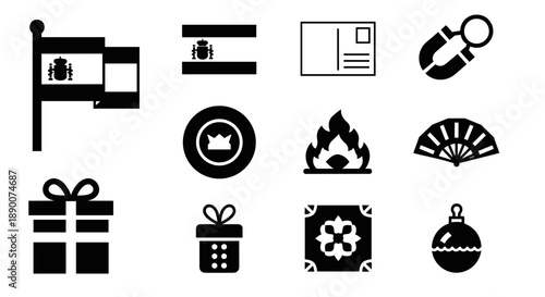 Minimalist spanish culture icons set: flags, art, celebration, and travel symbols