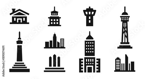 Urban landmark silhouette set featuring iconic buildings and towers in modern design