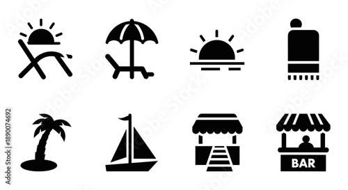 Beach icons: sun lounger, umbrella, palm tree, sunset, sailboat, towel, market, bar