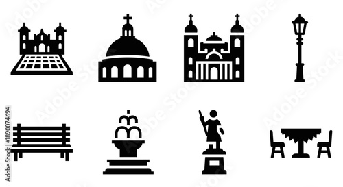 City landmark icons in silhouette style featuring architecture and monuments