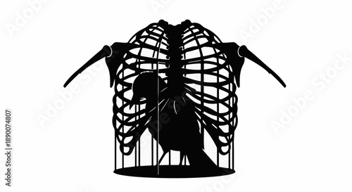 Silhouette of a bird trapped inside a ribcage, symbolizing confinement and lost freedom.