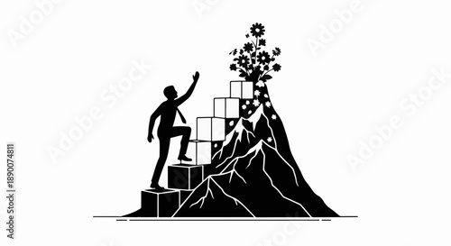 Silhouette of a determined person climbing steps towards a mountain peak with gears and flowers blooming.