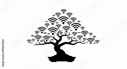 Bonsai tree with wifi symbols as leaves, symbolizing digital connectivity and growth.
