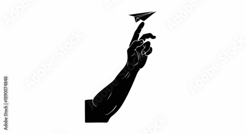 A single black silhouette hand delicately balances a tiny paper airplane on its fingertip, symbolizing dreams and aspirations.