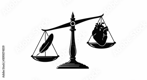 Scales of justice balancing a feather and a heart, representing the dichotomy of reason and emotion.