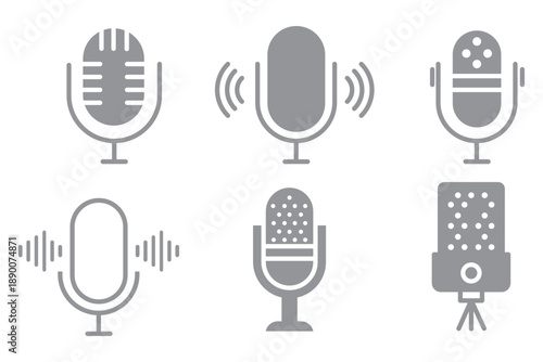 Microphone vector icon set professional studio mic broadcast podcast recording audio equipment design