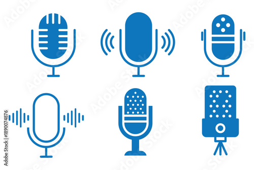 Microphone vector icon set professional studio mic broadcast podcast recording audio equipment design