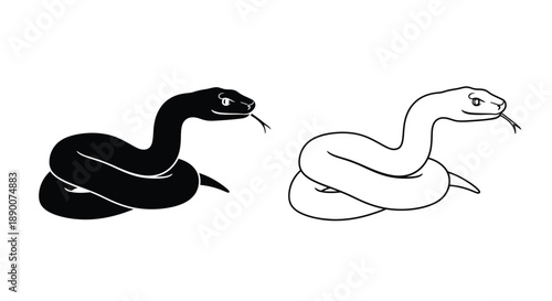 Two stylized snake illustrations one black one white in coiled positions