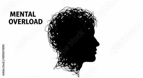 Silhouette of a head filled with tangled lines representing mental overload and stress