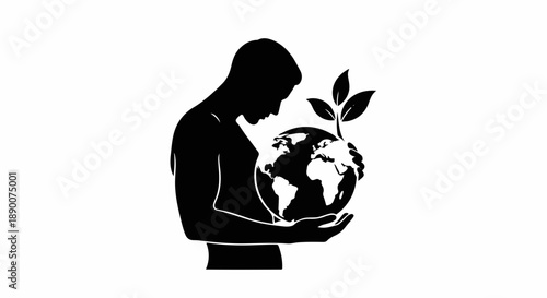 Silhouette of a person holding a small plant growing from a globe, symbolizing environmental care and growth.