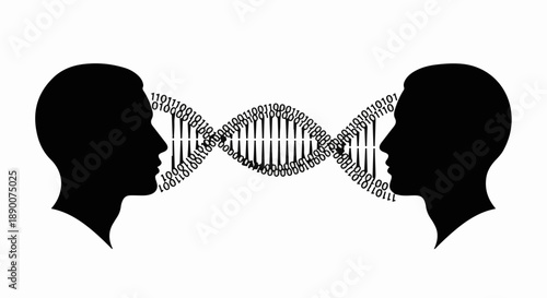 Two profile silhouettes facing each other with a DNA strand connecting them, symbolizing connection and genetics.