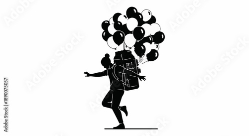 Joyful silhouette of a person with a backpack, lifted by a cluster of balloons, embarking on an adventure.