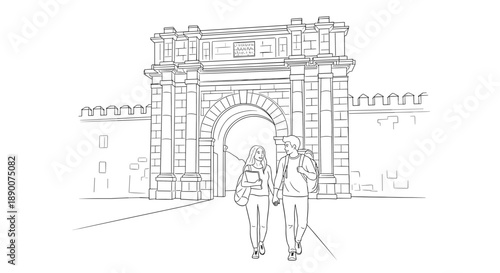 Line art of a young couple strolling near historic city gate