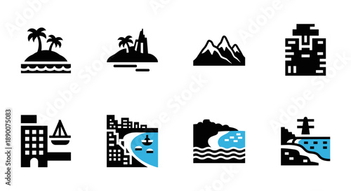 Minimalist silhouette urban and nature icon set with buildings and landscapes