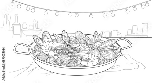 Detailed line art of seafood paella with shrimps and shellfish in kitchen setting