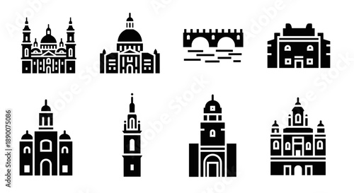 Iconic european landmarks: stylized black and white silhouette architecture collection
