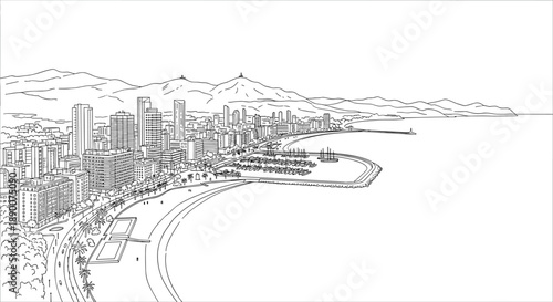 Coastal cityscape with skyscrapers and marina in linear art style