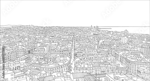 Intricate urban landscape line art of coastal cityscape