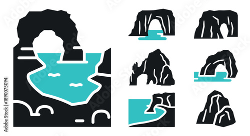 Abstract nature elements in minimalist style with ocean and rocks