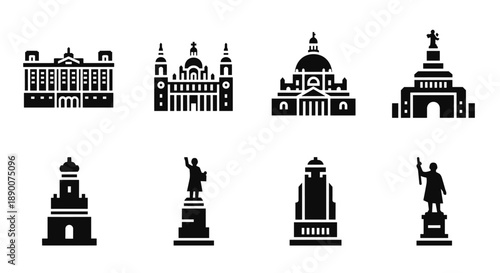 Architectural landmarks and monuments silhouette icons set