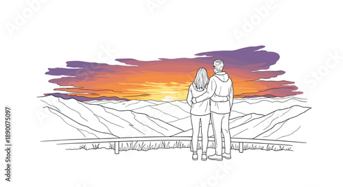 Romantic couple watching a sunrise over mountains in a simple line art style
