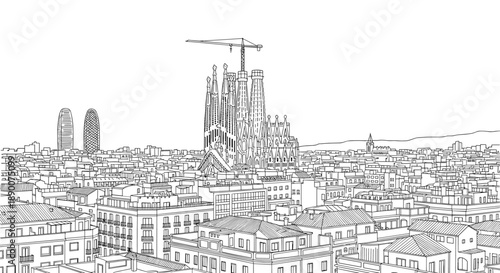 Cityscape of barcelona featuring sagrada familia in linear style