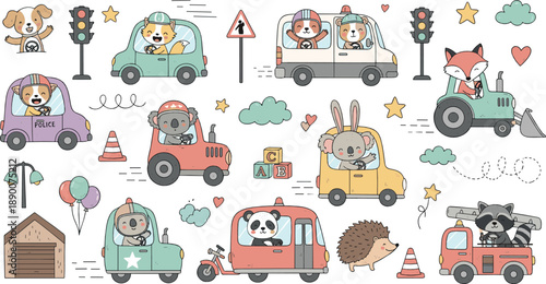 Cute animals driving cars vector set with dogs, cats, rabbits, foxes, traffic lights, road signs, and playful cartoon transportation characters