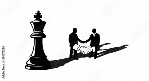 Business partners shake hands in the shadow of a chess king, symbolizing strategy and partnership.