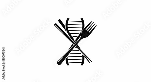 DNA helix intertwined with fork and chopsticks, symbolizing food science and genetics.