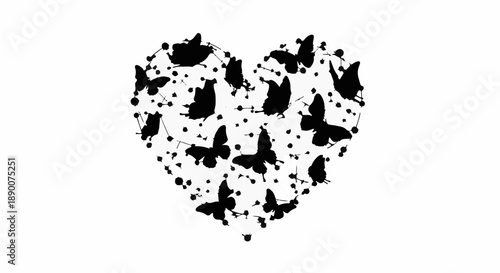 Whimsical heart shape formed by delicate black butterflies and scattered dots on a white background