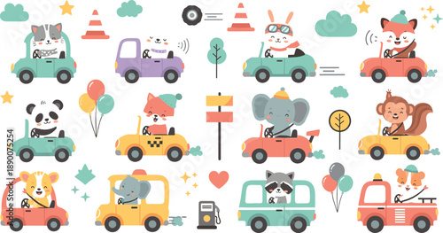 Cute animals driving cars vector set with panda, fox, elephant, lion, bear, balloons, traffic signs, and playful cartoon transportation characters