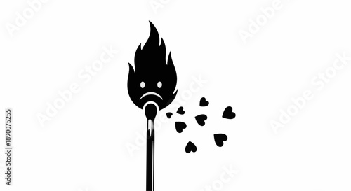 Sad match with flame blowing hearts away, symbolizing lost love or broken relationships.