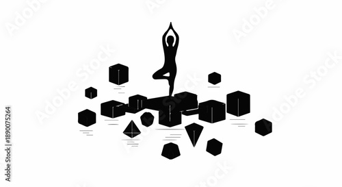 Silhouette of a person in yoga tree pose balanced amidst geometric shapes, symbolizing mindfulness and abstract concepts.
