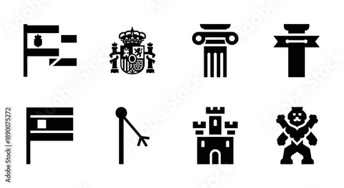 Simple monochrome spanish symbols featuring crown, columns, and castles