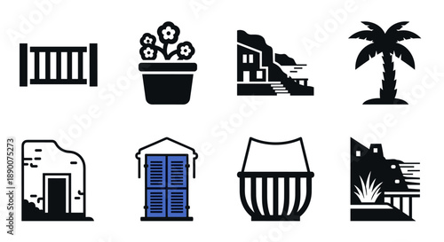 Elegant flat greek icon set featuring symbols of architecture and nature