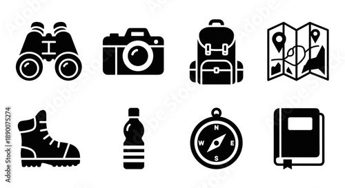 Essential adventure icons: travel gear and equipment for outdoor exploration