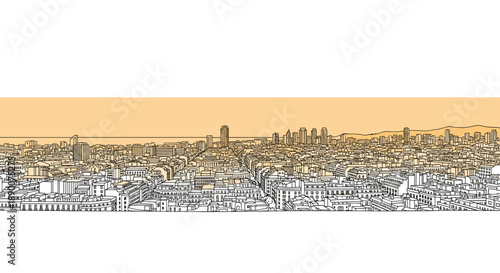 Cityscape horizon in linear style with skyscrapers and mountains at sunset