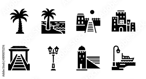 Mediterranean icons collection: silhouette style of seaside and architecture elements