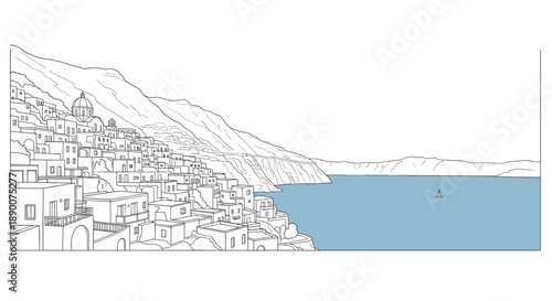 Coastal town line art: detailed seaside architecture with ocean view