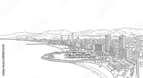 Coastal cityscape with mountains and skyline in detailed linear art