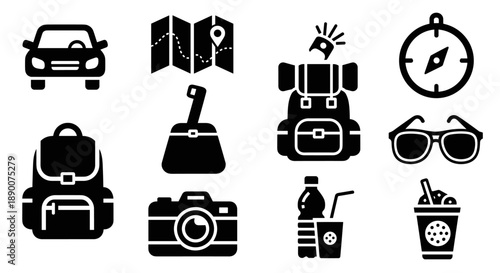 Travel icon set: backpack, compass, camera, and more in modern silhouette style