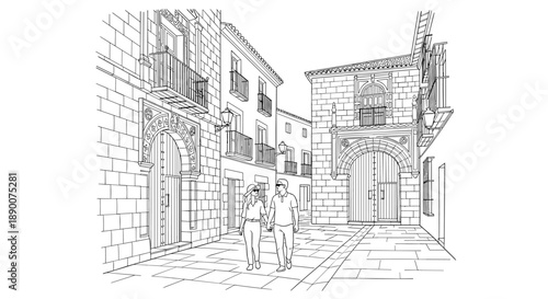 Charming european street with couple walking in historic town line art
