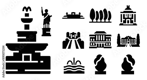Silhouette icons of historical monuments and landmarks