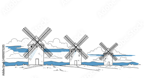 Minimalist line art landscape with three windmills and clouds