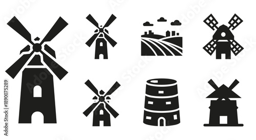 Silhouette windmill collection with farm landscapes and historic buildings