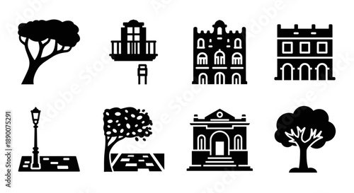 Iconic urban elements collection with trees and classic architecture
