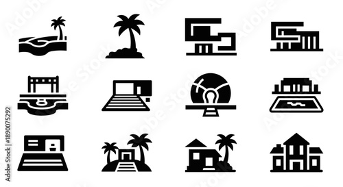 Minimalist beach and modern architecture icon set