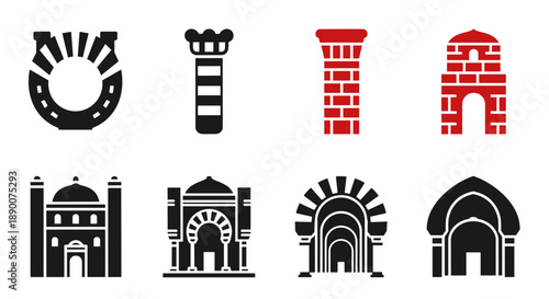 Vintage architectural icons set: classic gates and towers in bold minimalist style