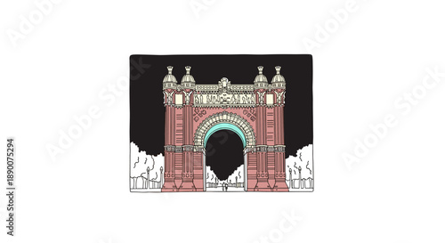 Intricate linear drawing of barcelona's iconic arc de triomf with bold colors